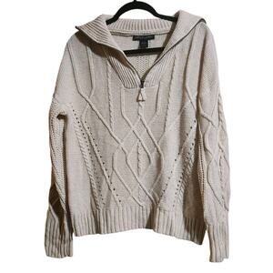 Sabrina Lauren NY Sz L Cable Knit Fisherman Sweater Neutral Classic Zip Up Neck